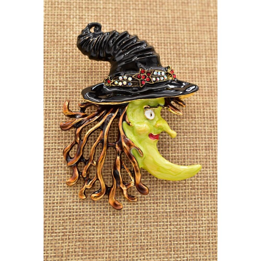 Kirks Folly Vintage Witch Moon Brooch Halloween Rhinestone Enamel Pin Signed 9B